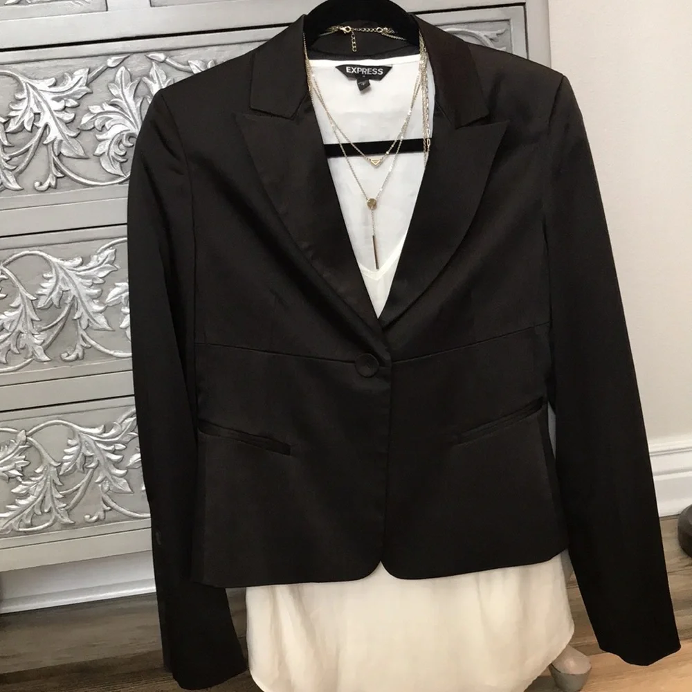 BCBG Satin Blazer Feminine Tuxedo with a Twist Black